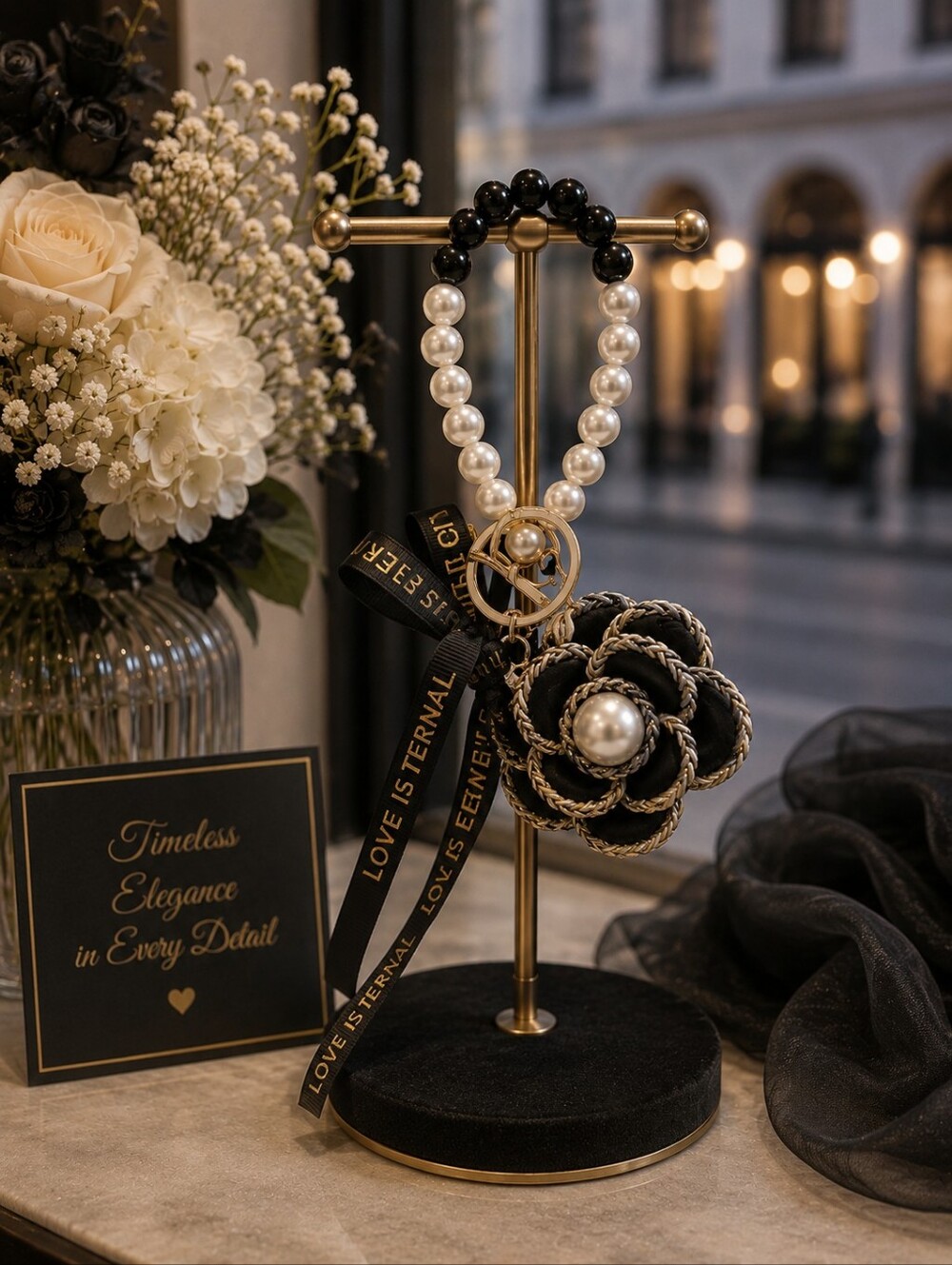 Pearl and Black Floral Charm Keychain/Wristlet
